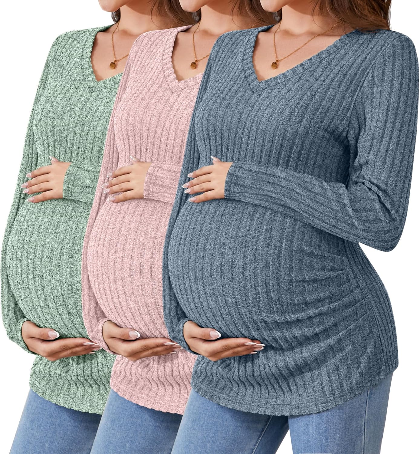 Ribbed Long Sleeve Maternity Shirts 3 Pack for Comfort