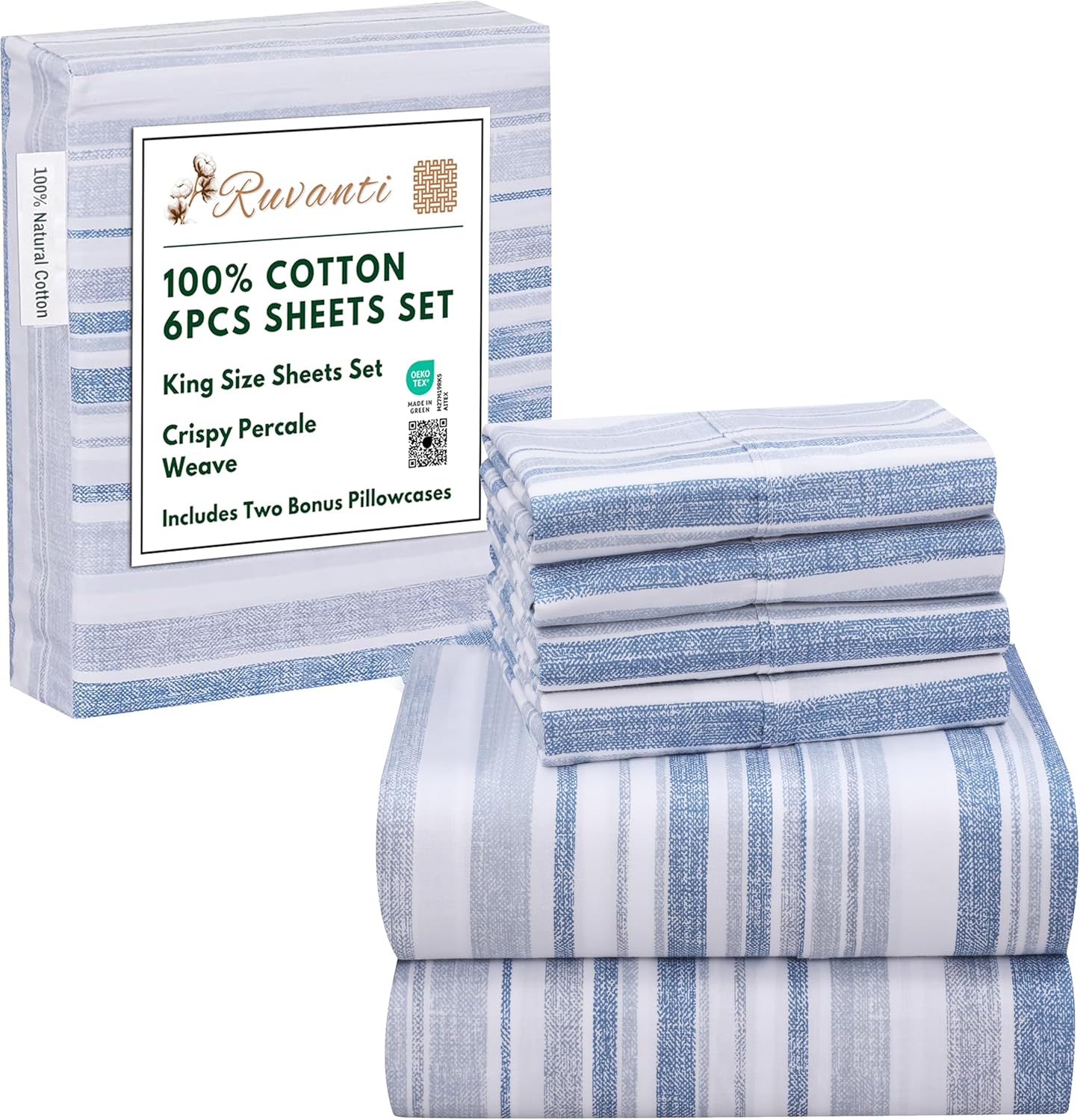 RUVANTI 6 Pcs Cotton Sheets Set - Soft & Breathable King Size