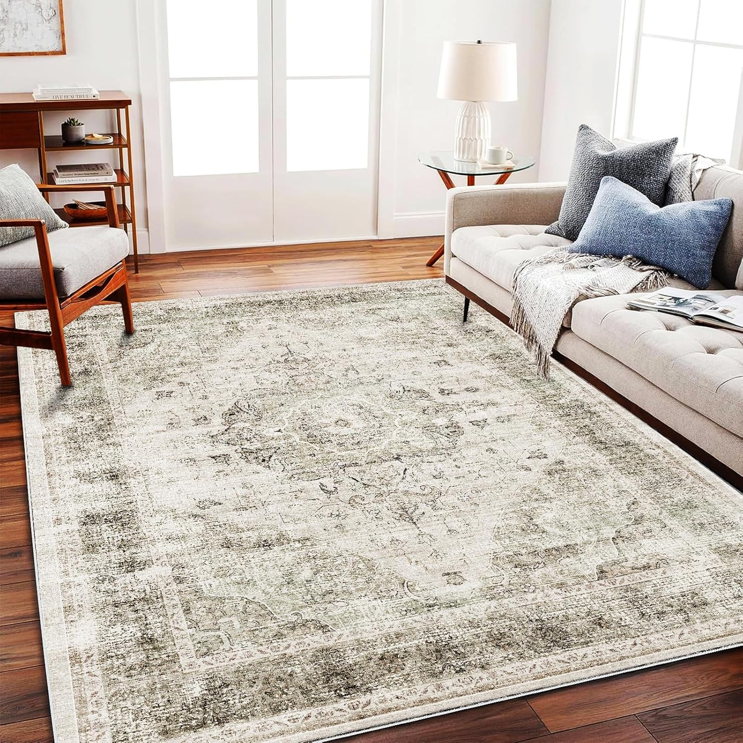 Vintage Floral Khaki Area Rug 6ftx9ft Washable Non-Slip Carpet