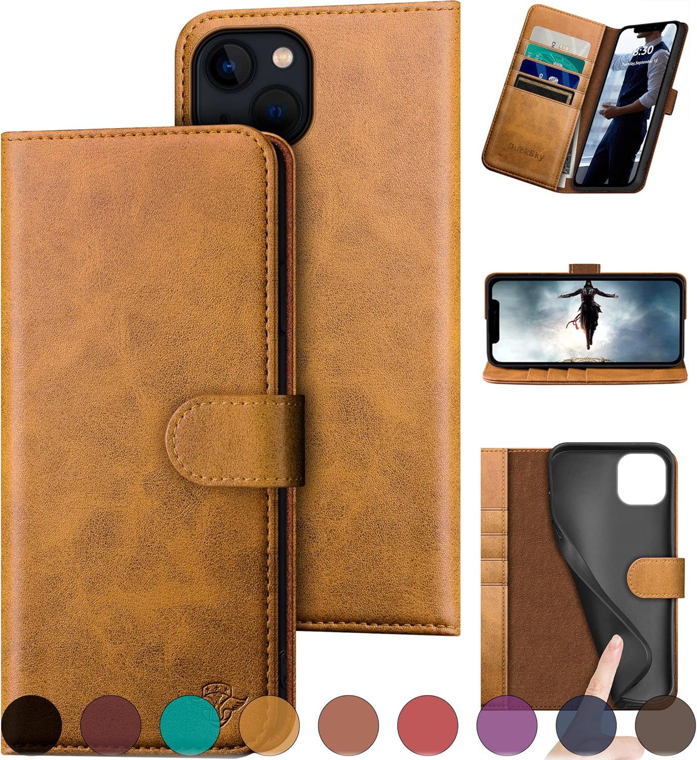 Genuine Leather Wallet Case for iPhone 15 Plus with RFID Blocking
