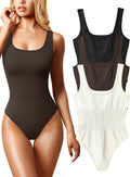 OQQ Women's 3 Piece Ribbed Square Neck Bodysuits - Seamless Stretch