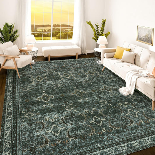 Istana 8x10 Area Rug - Dark Green Washable Living Room Rug
