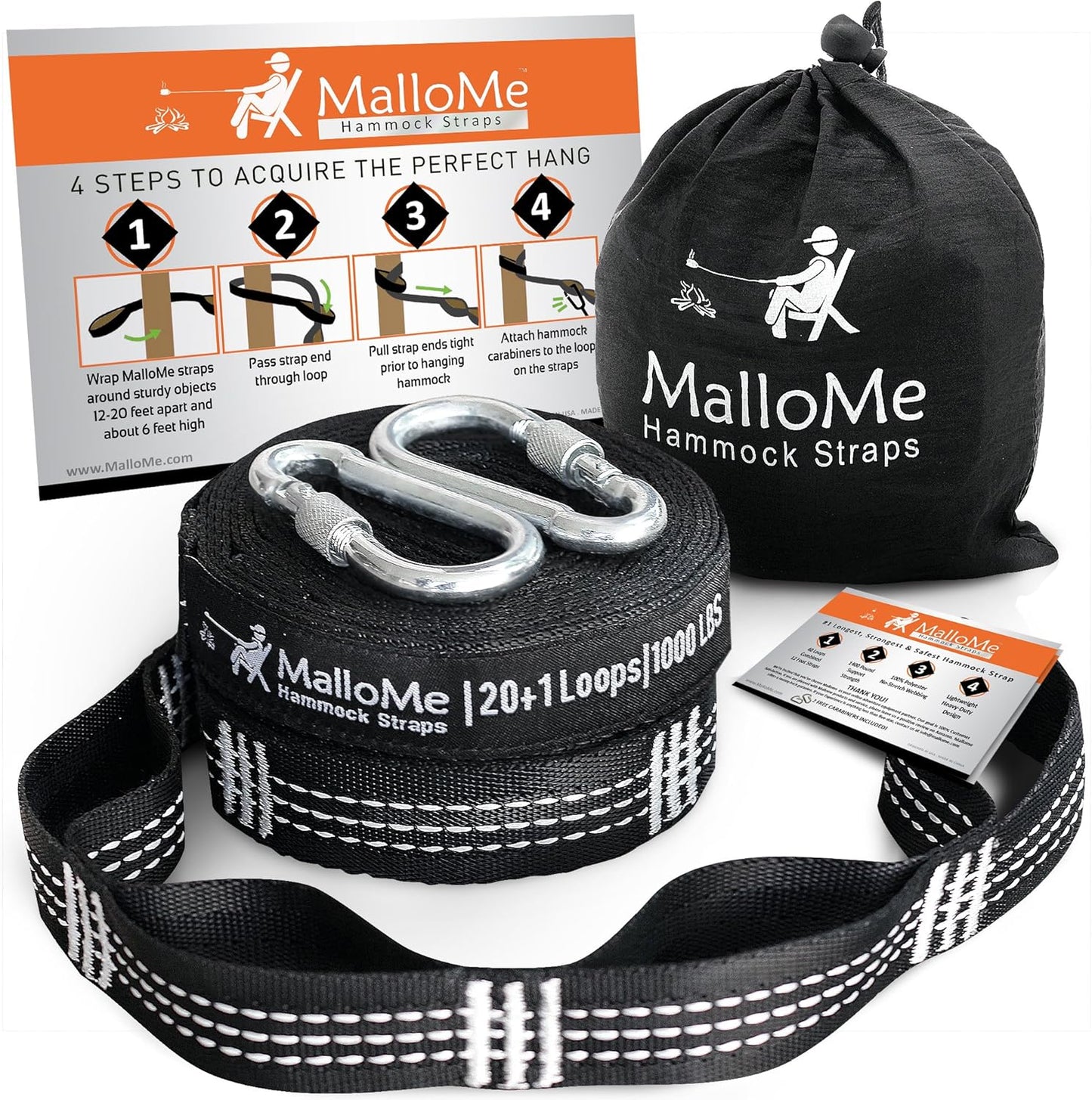 MalloMe Tree Straps - 2000+ LBS Heavy Duty, 40 Loops, No Stretch - Camping Hammock Kit