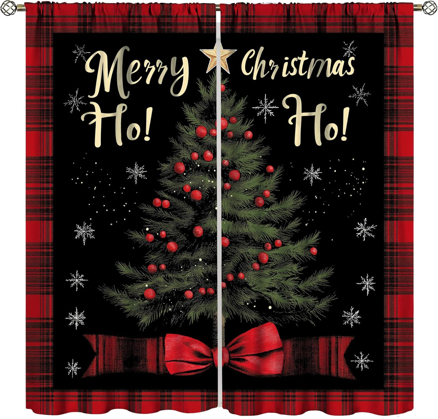 Festive Christmas Curtains with Plaid Border & Tree Design - Holiday Cheer for your Home! 21W x 45L x2 by YungHo