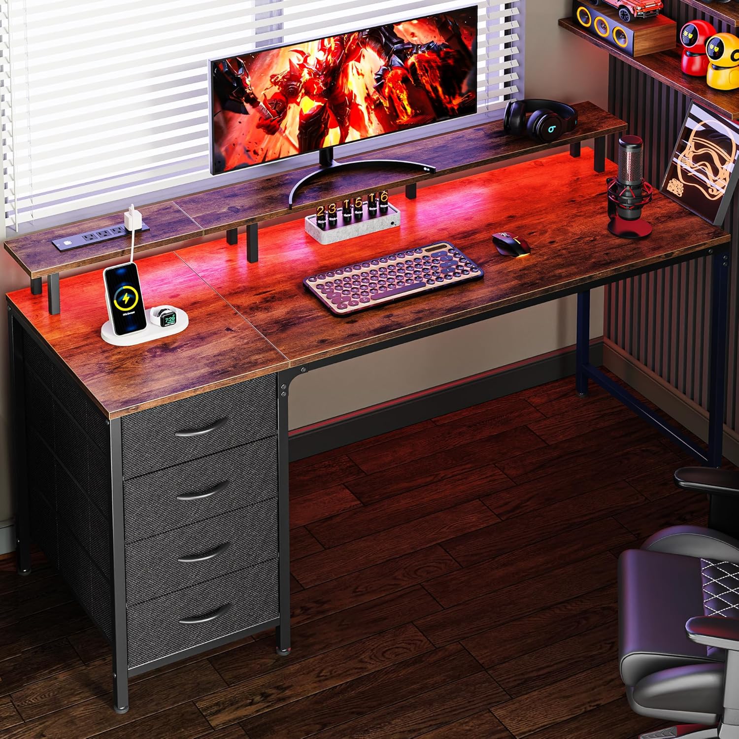 55 Gaming Desk with LED Lights & Power Outlets