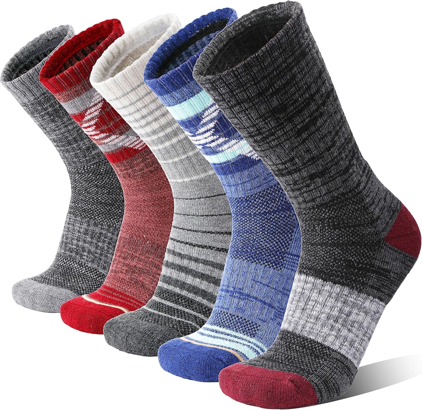 5 Pairs Merino Wool Hiking Socks - Warm & Moisture-Wicking