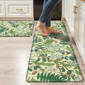 Beige Green Botanical Kitchen Rugs Set of 2 - Anti-Fatigue PVC Mats