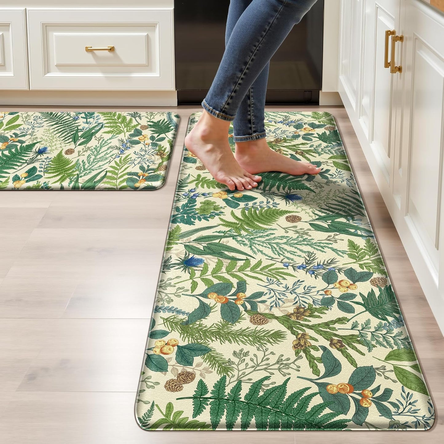 Beige Green Botanical Kitchen Rugs Set of 2 for Comfort & Style