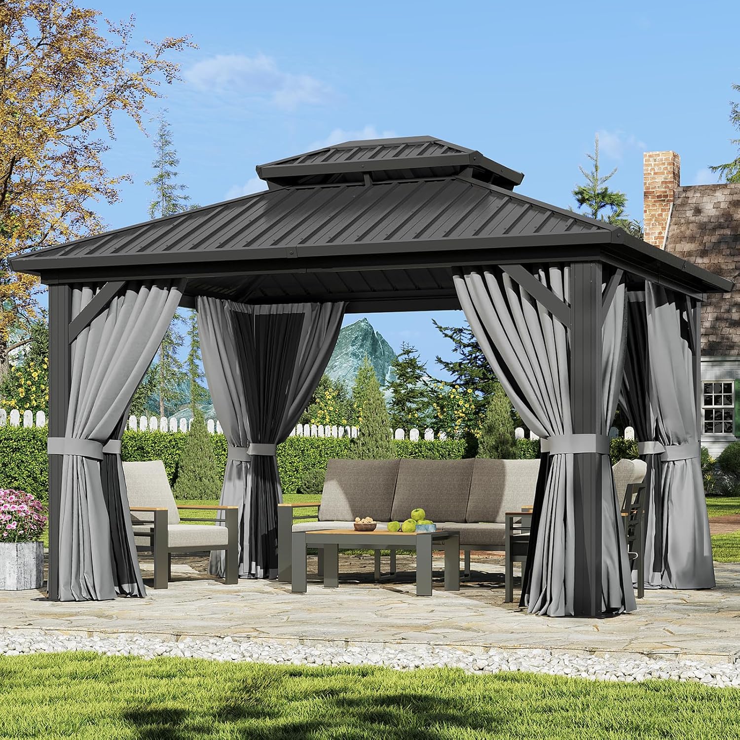 Aoxun 12ftx10ft Hardtop Gazebo with Curtains and Netting
