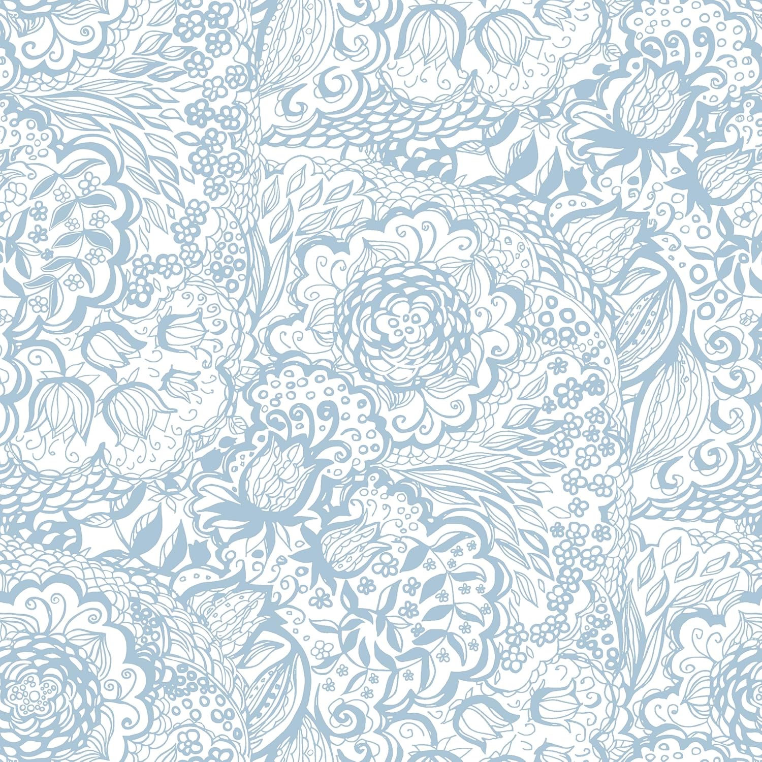 Peel and Stick Wallpaper Boho Blue and White Floral Design