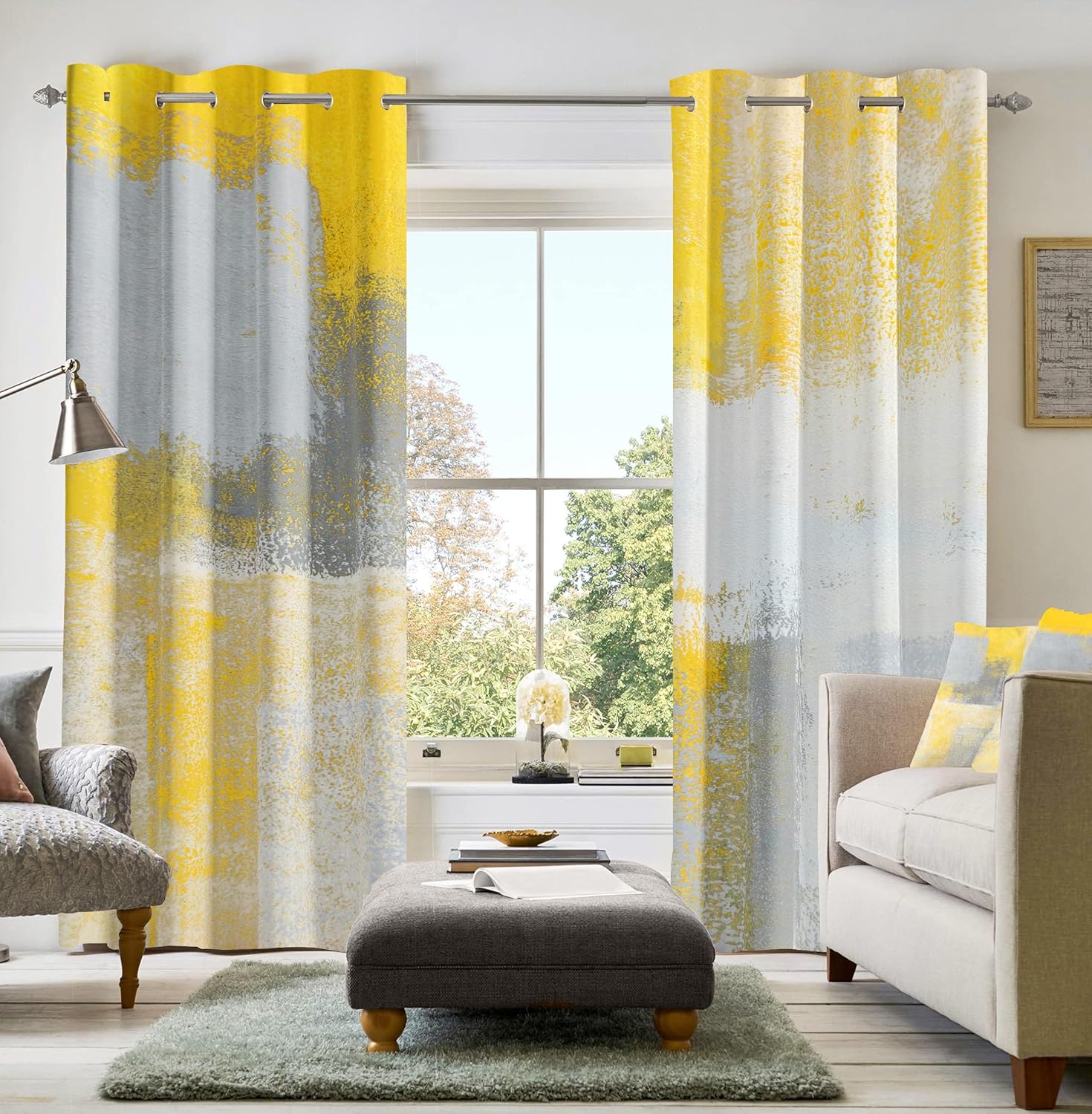 Yellow Grey Abstract Thermal Insulating Drapes for Modern Homes