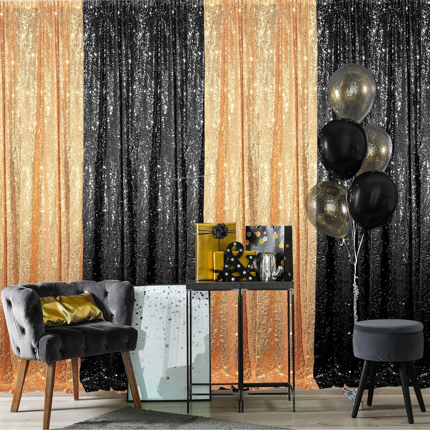 Black and Gold Sequin Backdrop Curtain for Events and Parties