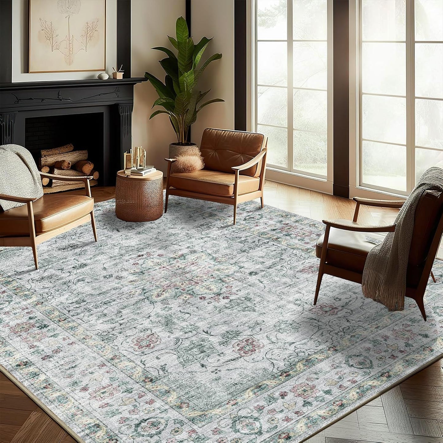 Washable Area Rug 8ftx10ft Boho Design for Living Room and More