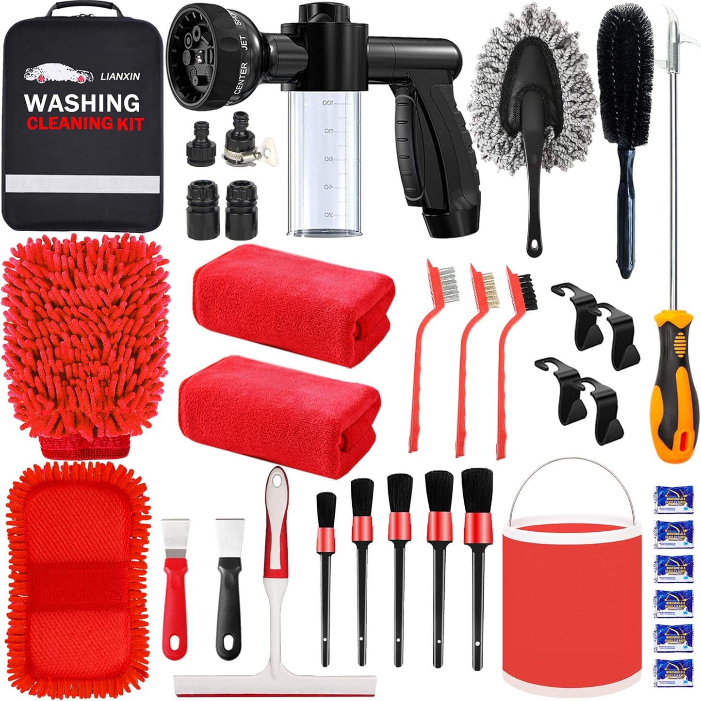 Car Wash Kit with Foam Gun, Towels, and Brushes for Cleaning