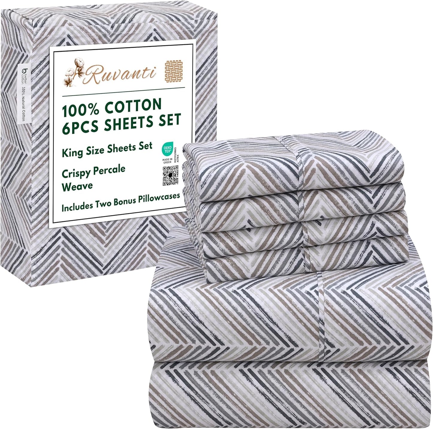RUVANTI 6 Pcs Cotton Sheets Set for King Size Beds - Soft & Breathable