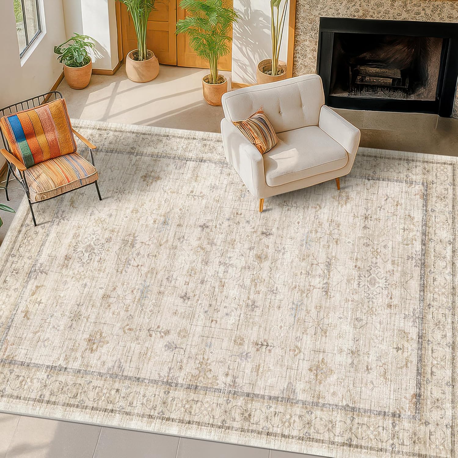 Washable Ivory 5x7 Rug for Bedroom and Home Office Decor