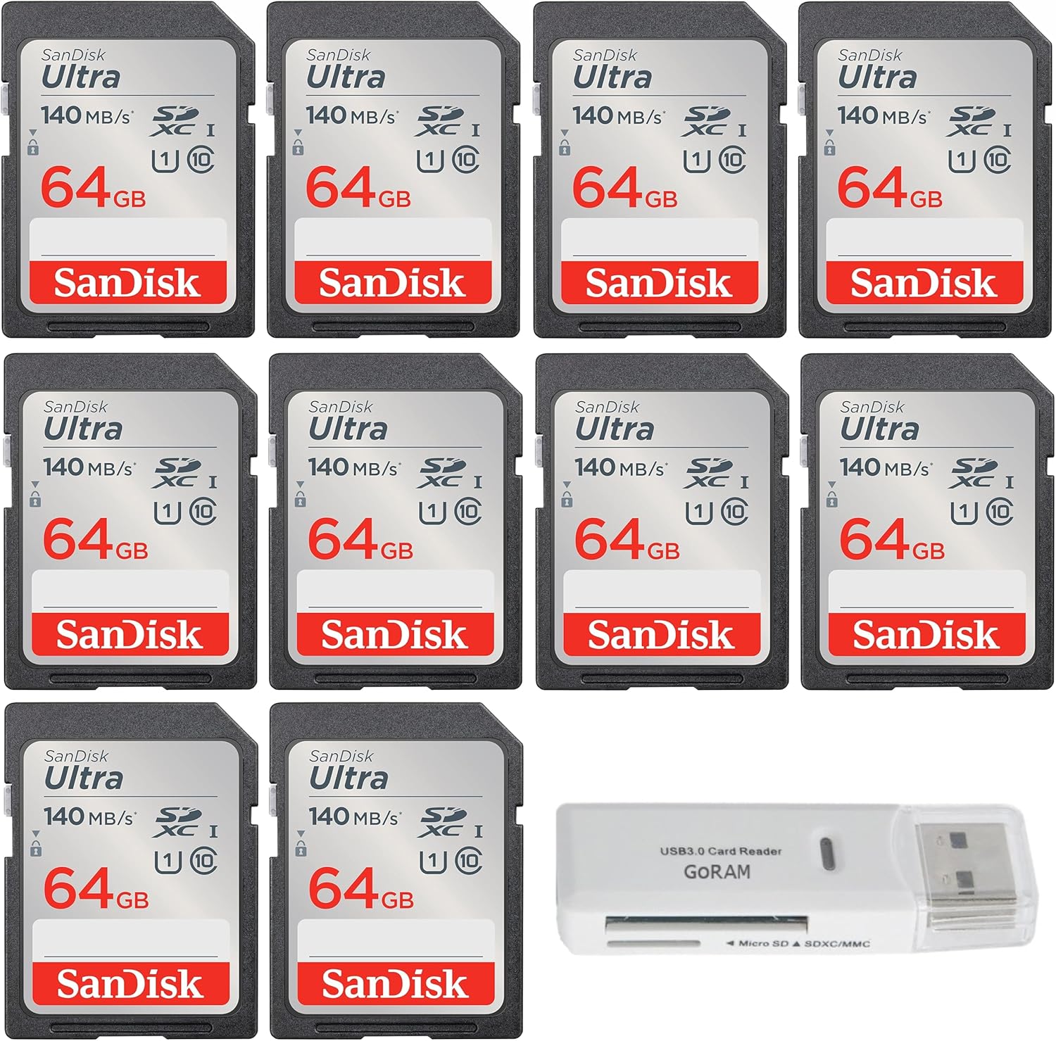 10 Pack SanDisk 64GB Memory Cards Bundle with USB 3.0 Reader