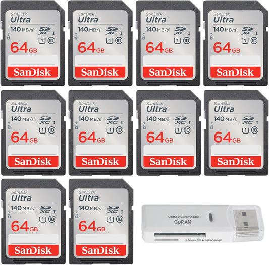 10 Pack SanDisk 64GB Memory Cards Bundle with USB 3.0 Reader