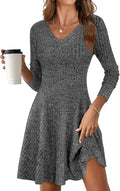 Women Long Sleeve Ribbed Knit Short Dress - V Neck Fall Sweater