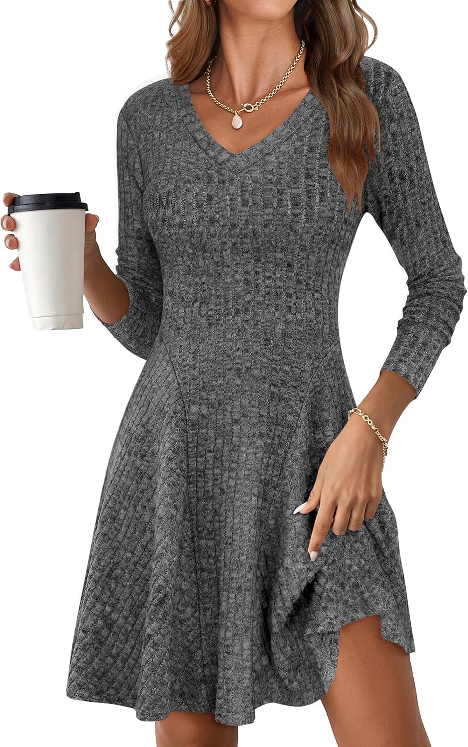 ANRABESS Women Long Sleeve Ribbed Knit Short Dress for Fall