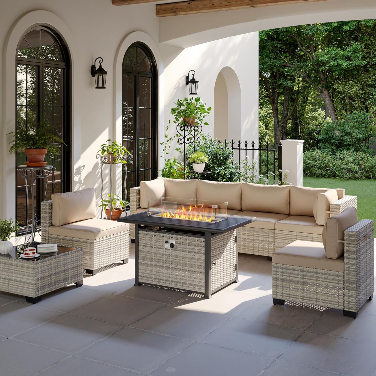 Sweecci 8-Piece Modern Patio Conversation Set with Fire Pit