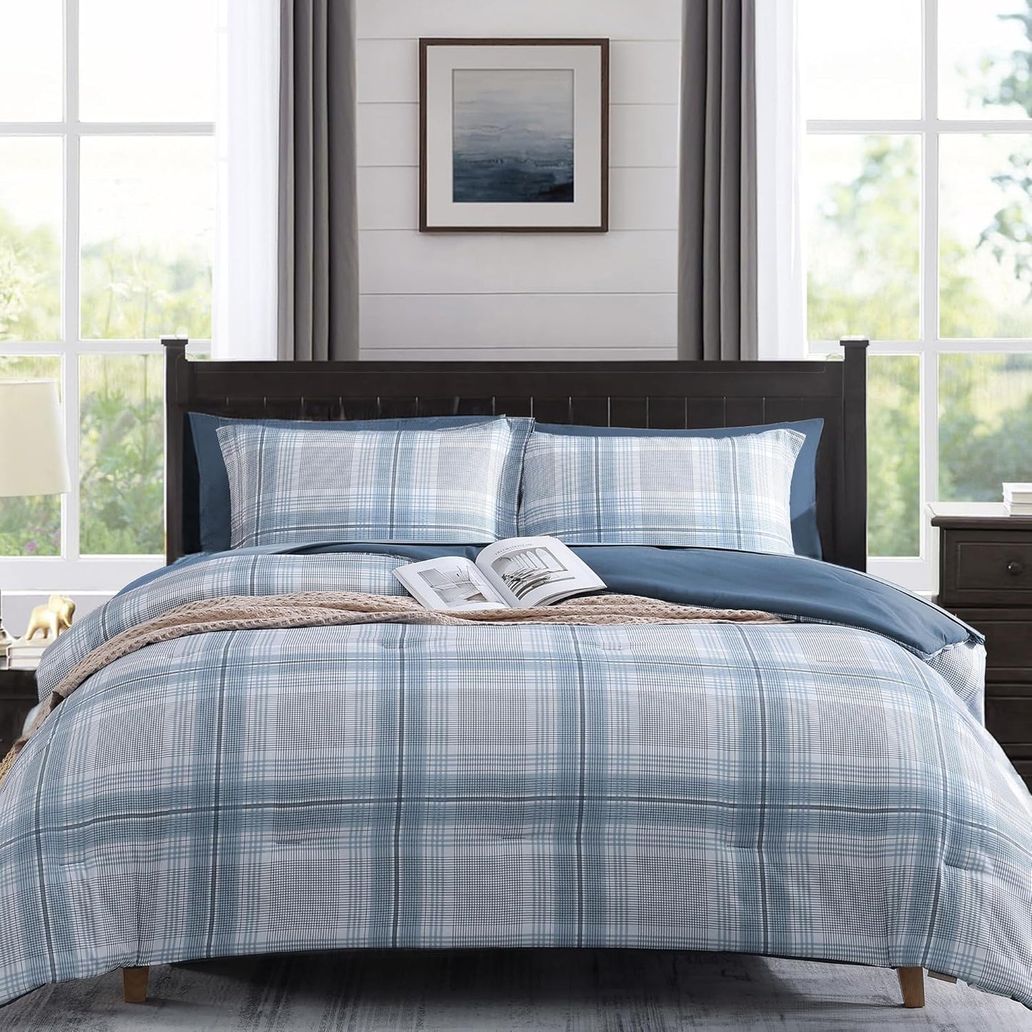 Plaid Twin XL Comforter Set for Boys & Girls - Light Blue Bedding