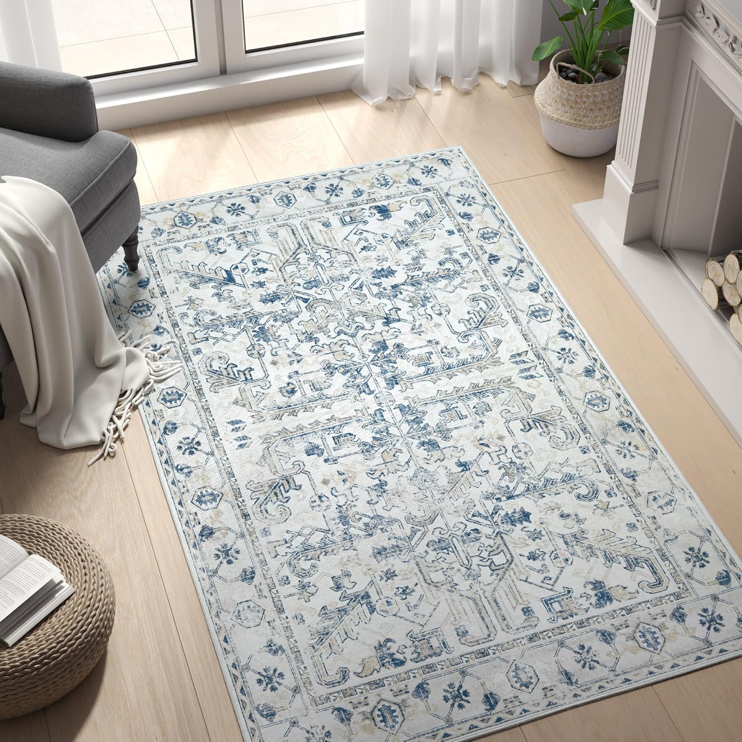 Lima Washable Area Rug 3x5 - Distressed Vintage Floral Design