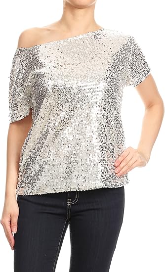 Anna-Kaci Womens Short Sleeve One Shoulder Sequin Top Blouse Review