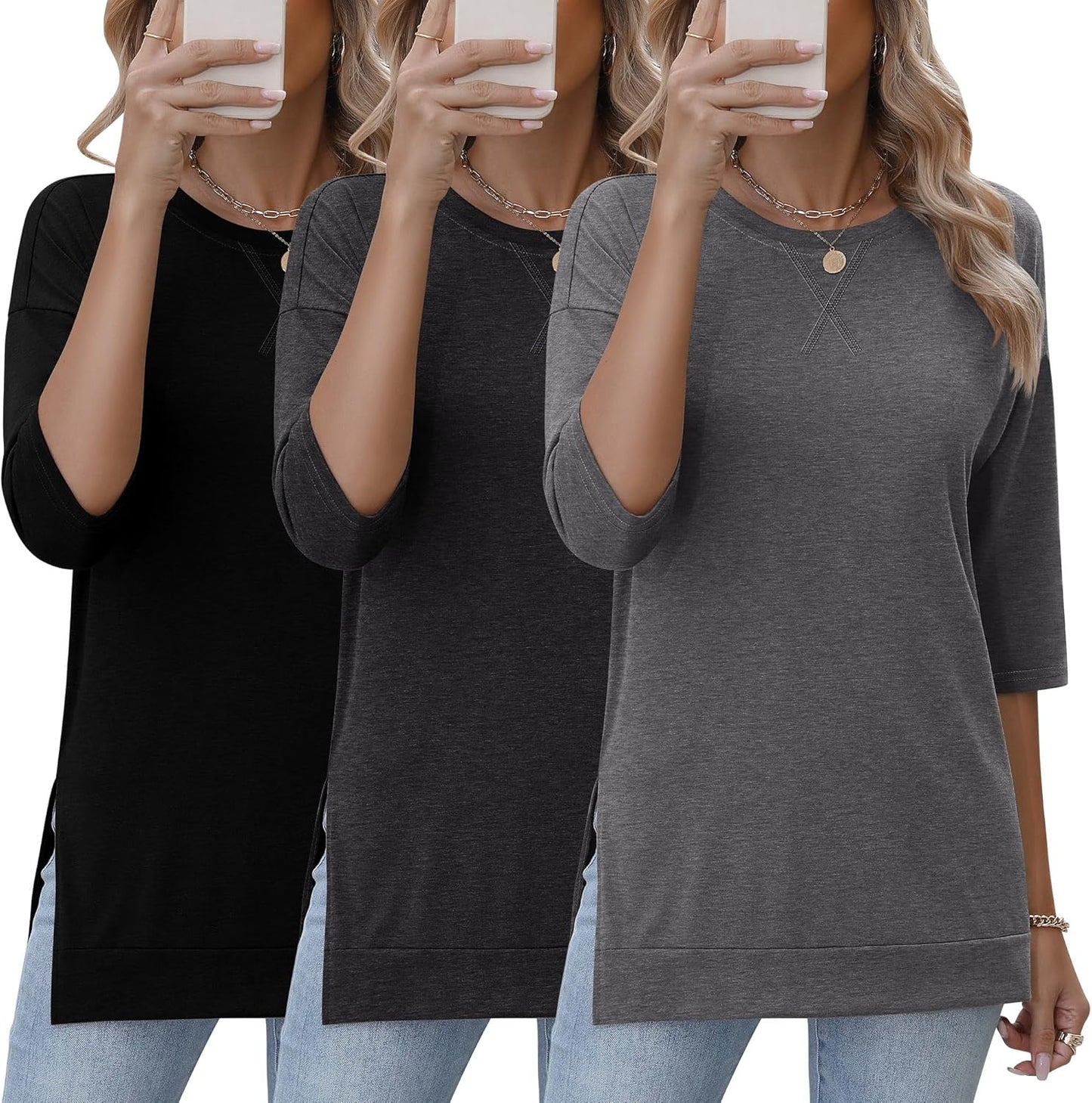 3 Pack 3/4 Length Sleeve Women's Tops with Side Slit Design