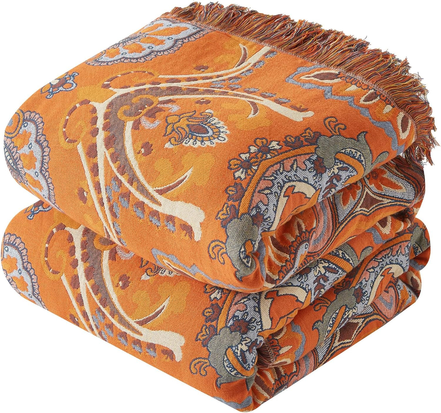 Boho Throw Blanket for Couch Sofa Bed - 100% Cotton Woven Quilt