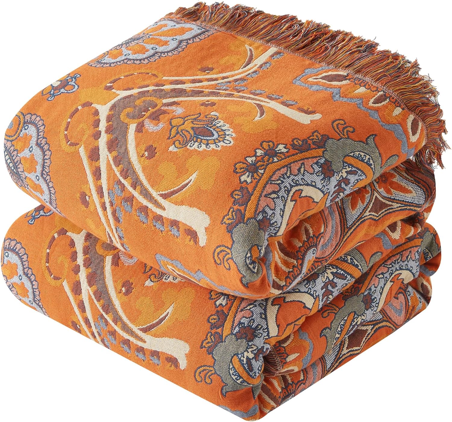 Boho Throw Blanket for Couch Sofa Bed - 100% Cotton Woven Quilt