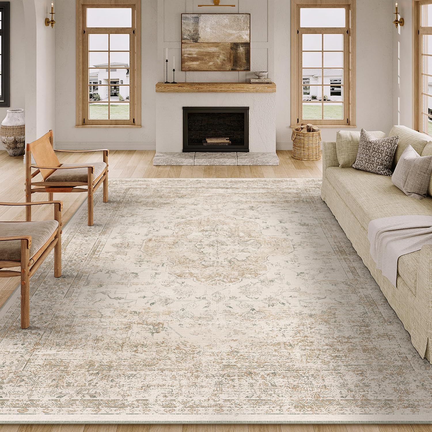 8x10 Washable Area Rug for Living Room - Vintage Distressed Design