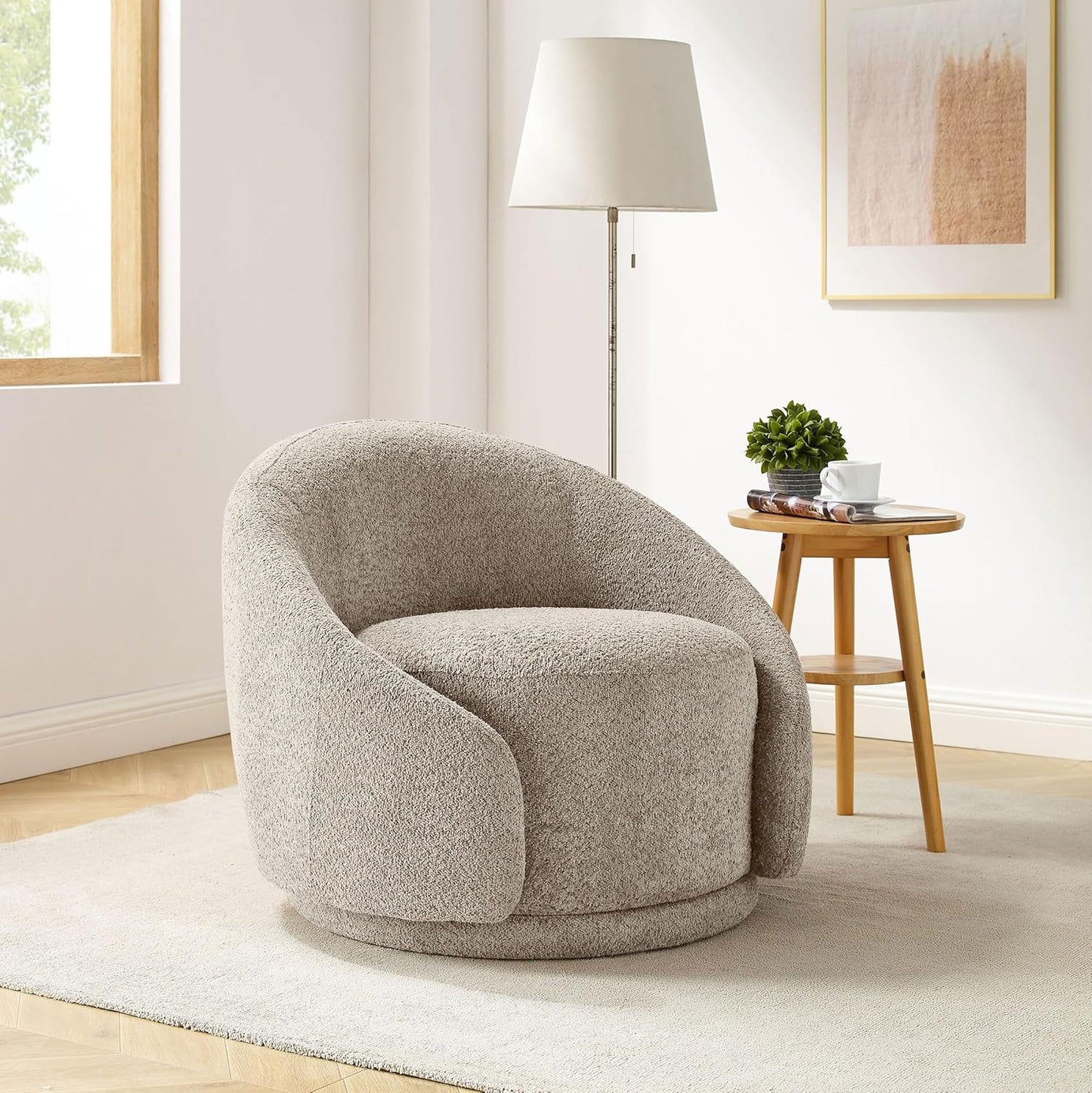VANOMi Swivel Barrel Chair: Modern 360 Swivel Armchair, Camel Boucle