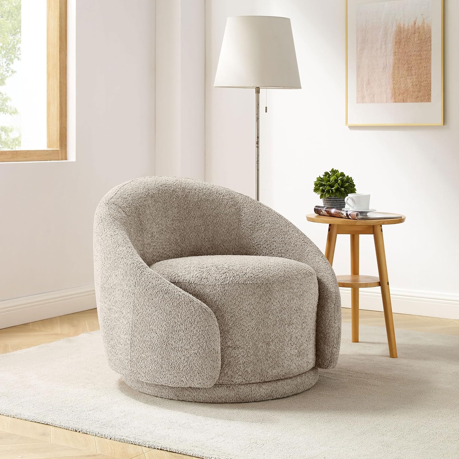 VANOMi Swivel Barrel Chair: Modern 360 Swivel Armchair, Camel Boucle