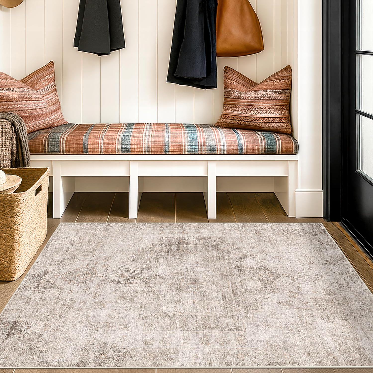 Washable Beige Brown Rugs for Entryway Indoor - 3x5 Throw Rug