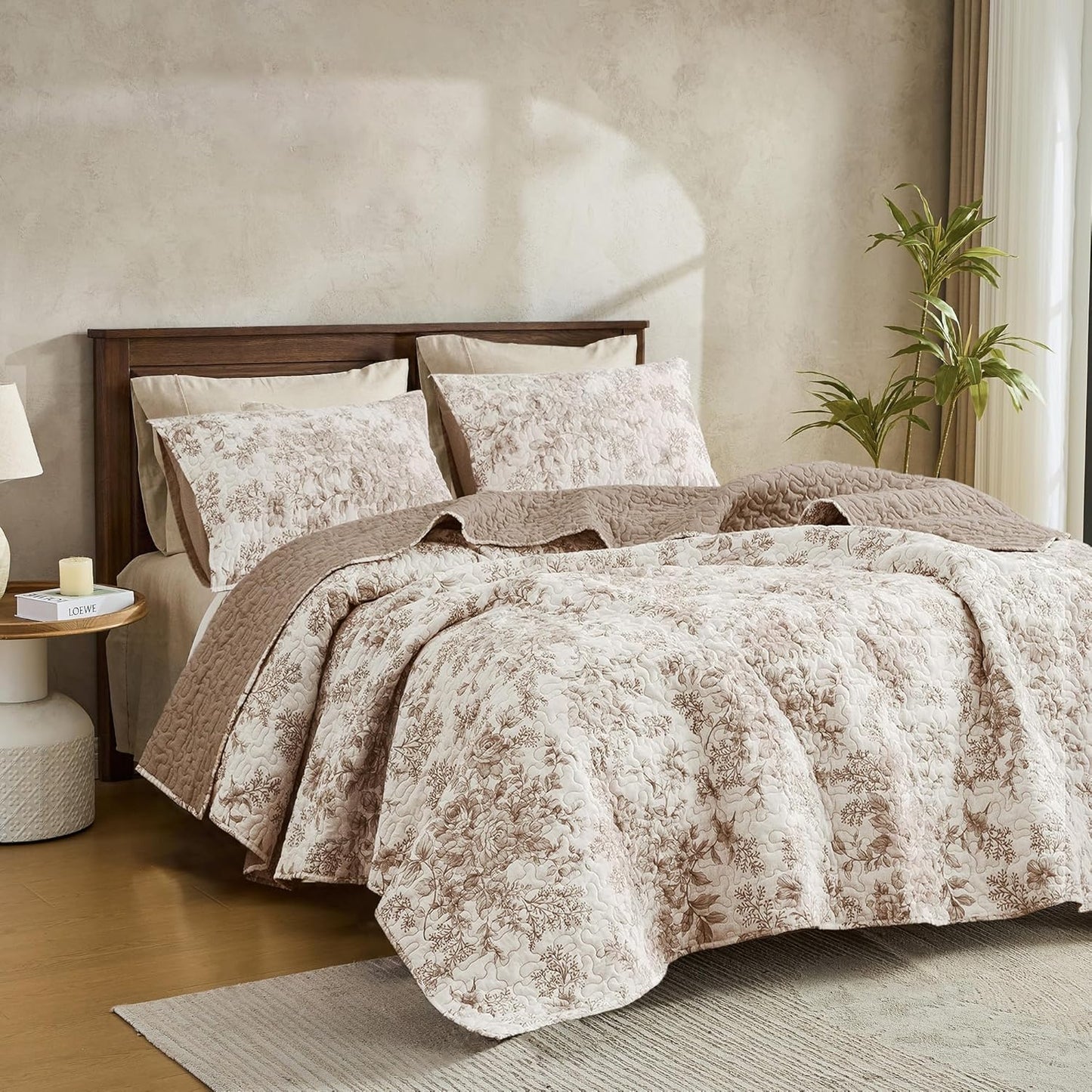 Wonderful Taupe Floral Quilt Set for Queen Bed - 3pcs Bedding