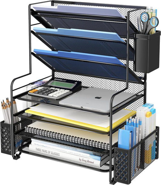 7 Tier Desk File Organizer with Pen Holder, Black