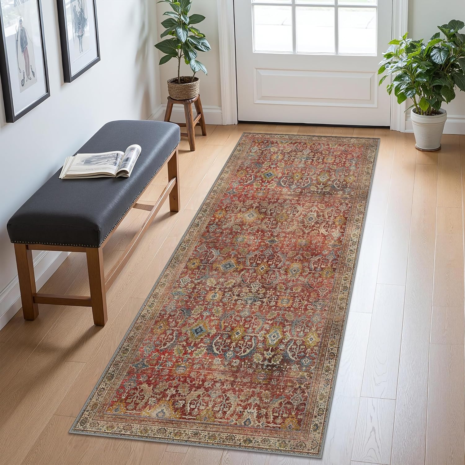 2x10 Runner Rug Machine Washable Boho Design for Hallway