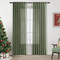 Olive Green Linen Curtains 84 in - Light Filtering Semi Sheer Panels