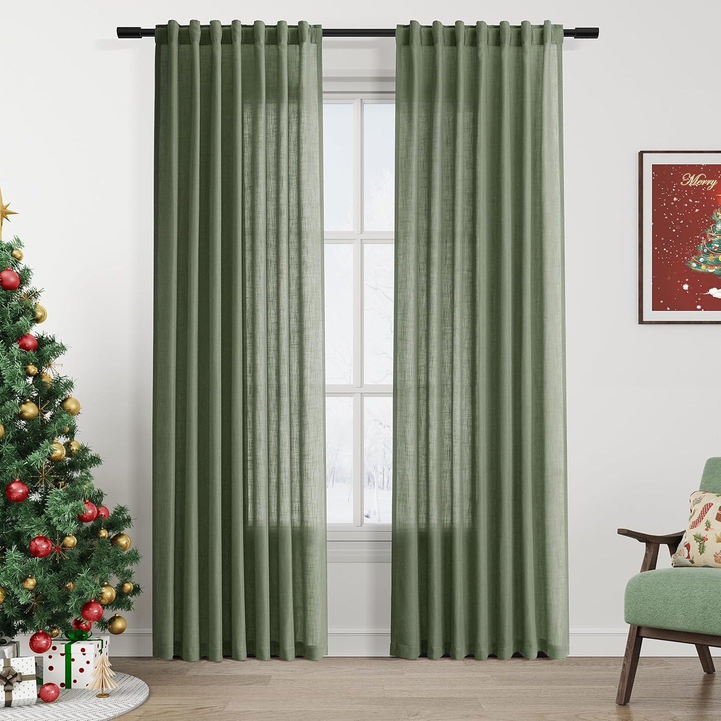 Olive Green Linen Curtains 84 Inches Long for Modern Decor