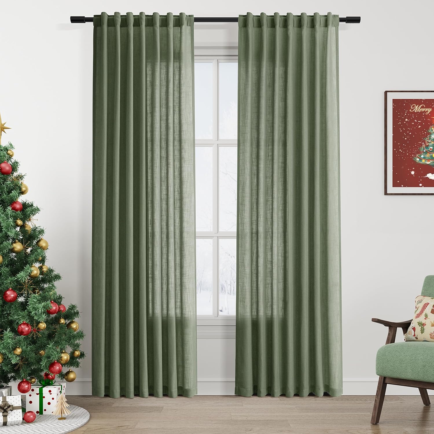Olive Green Linen Curtains 84 Inches Long for Modern Decor