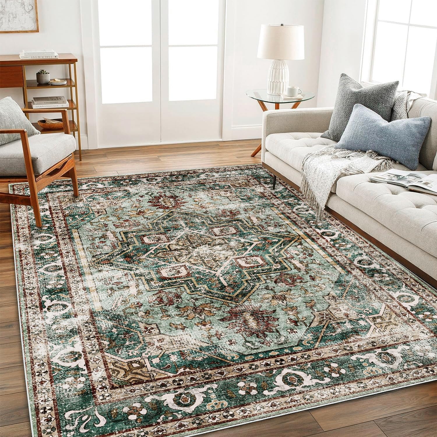 Vintage Traditional Green Area Rug 9ftx12ft for Indoor Spaces
