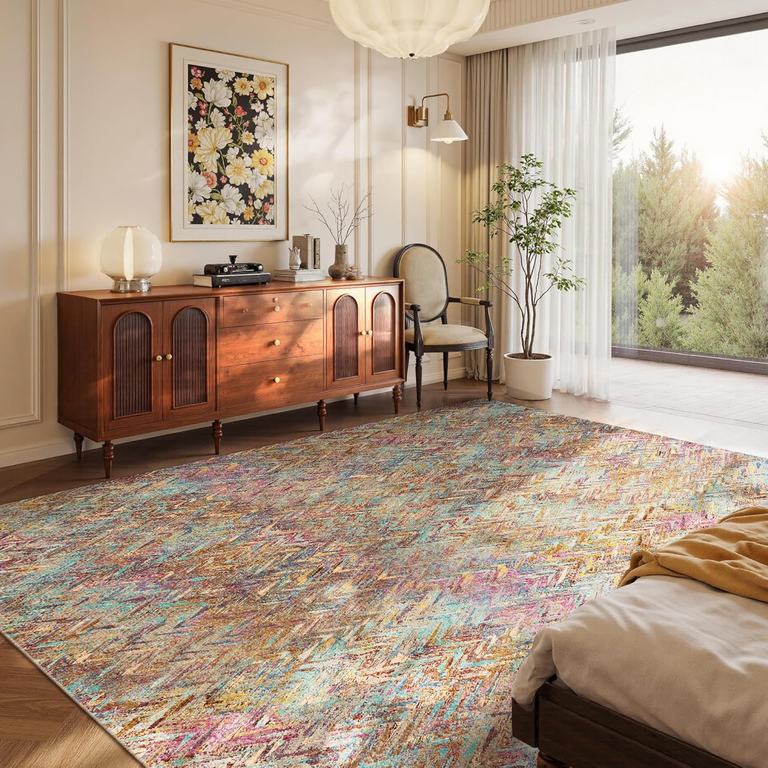 5x7 Washable Area Rugs for Bedroom & Living Room - Floral Boho