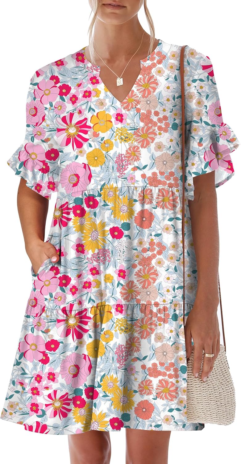 Trendy Ruffle Short Sleeve V Neck A Line Mini Beach Dress