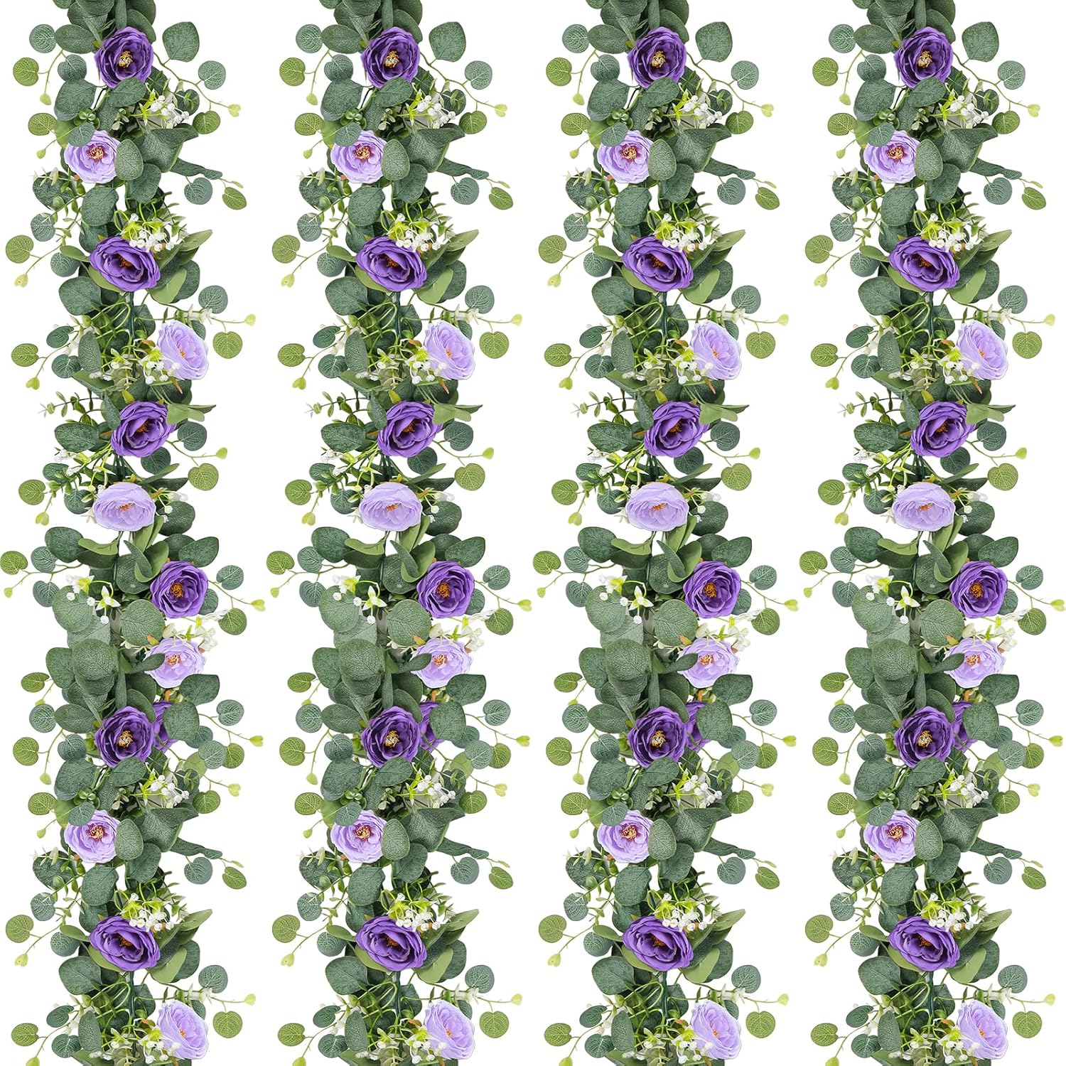 Artificial Eucalyptus Flower Garland with Purple Roses for Decor