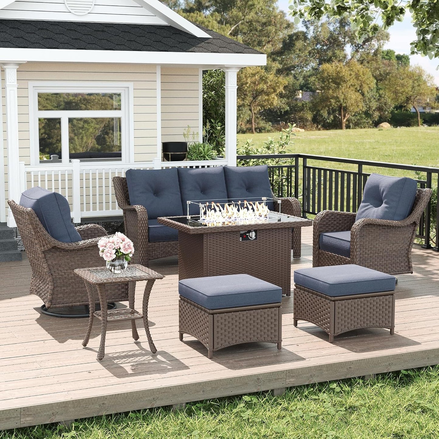 LayinSun 7 Piece Wicker Outdoor Furniture Set with Fire Pit