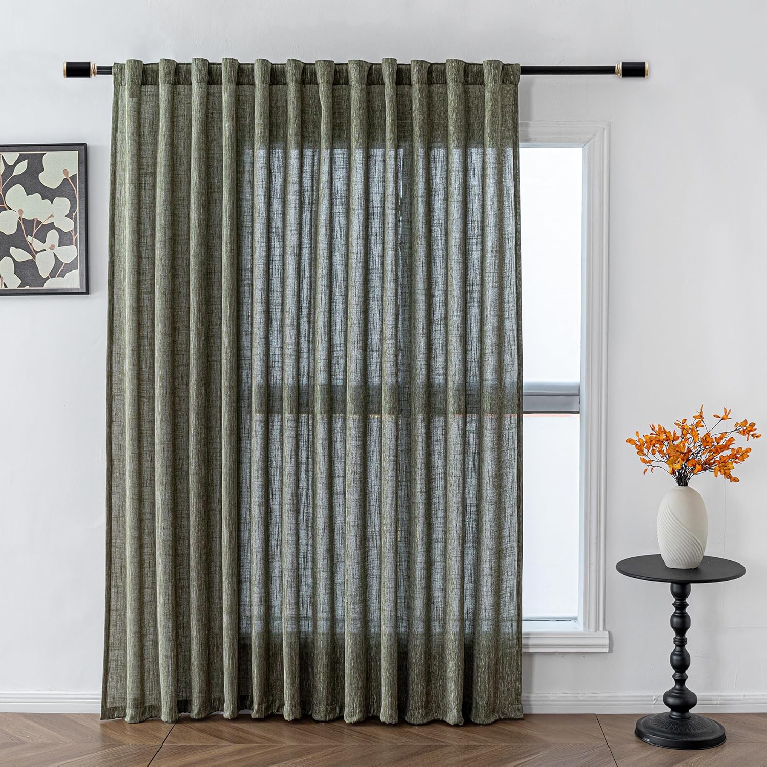 MYSKY HOME 100 x 84 Olive Green Semi Sheer Curtains for Living Room