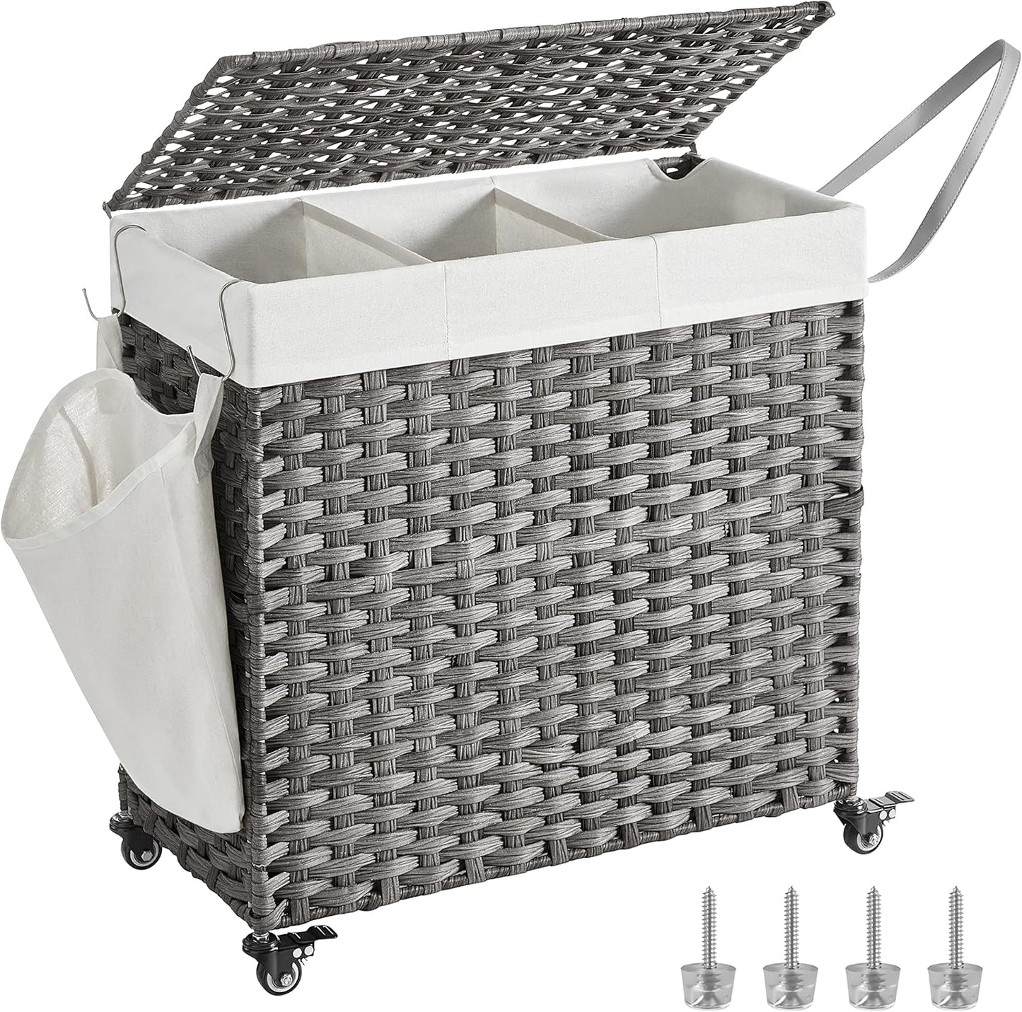 SONGMICS 3-Section Laundry Hamper with Lid and Wheels, 37 Gallons
