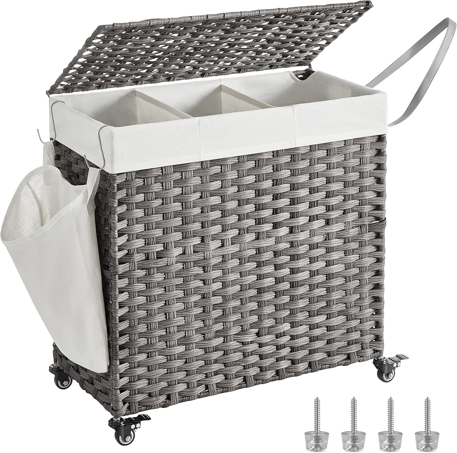 SONGMICS 3-Section Laundry Hamper with Lid and Wheels, 37 Gallons