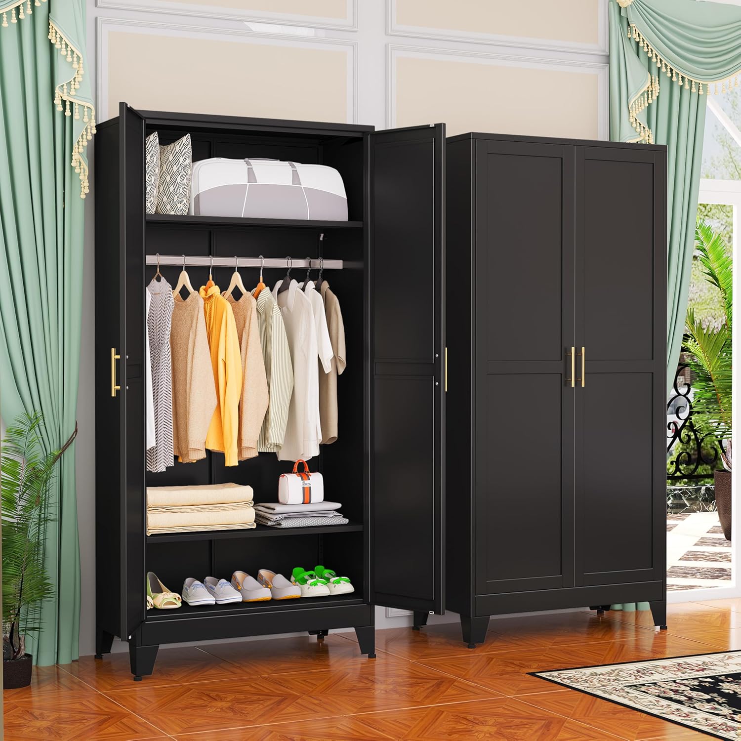 Metal Wardrobe Cabinet with Adjustable Shelves for Storage
